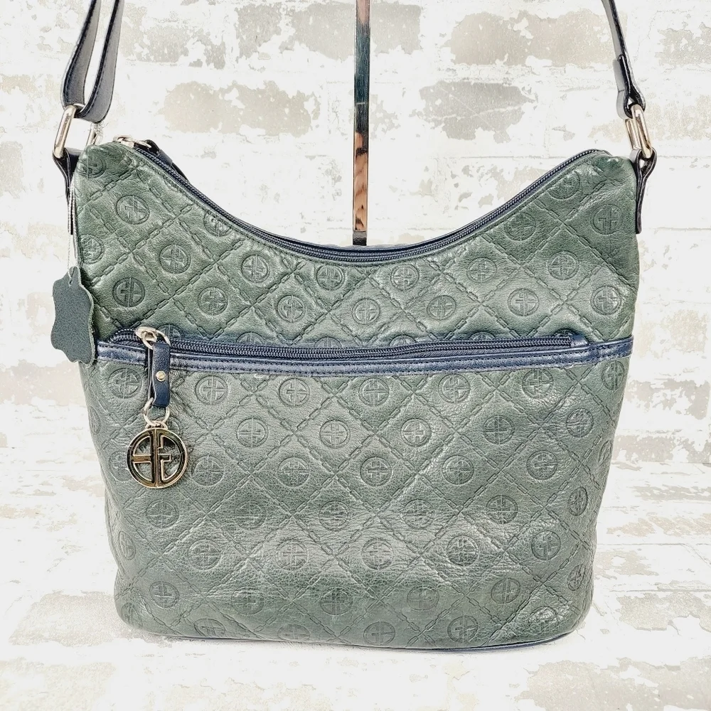 Giani Bernini Green Purse Blue 2Tone Classic Pattern Genuine Leather 0987 - Picture 2 of 14